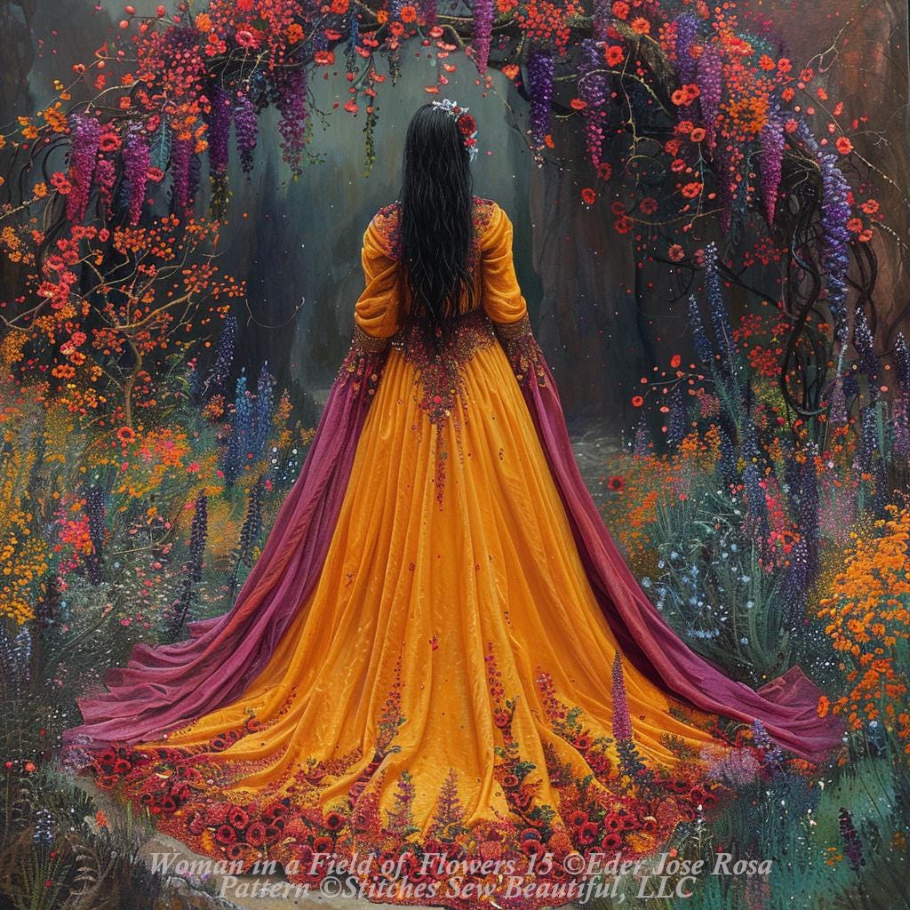 Woman in a Field of Flowers 15 counted cross stitch pattern by Eder Jose Rosa