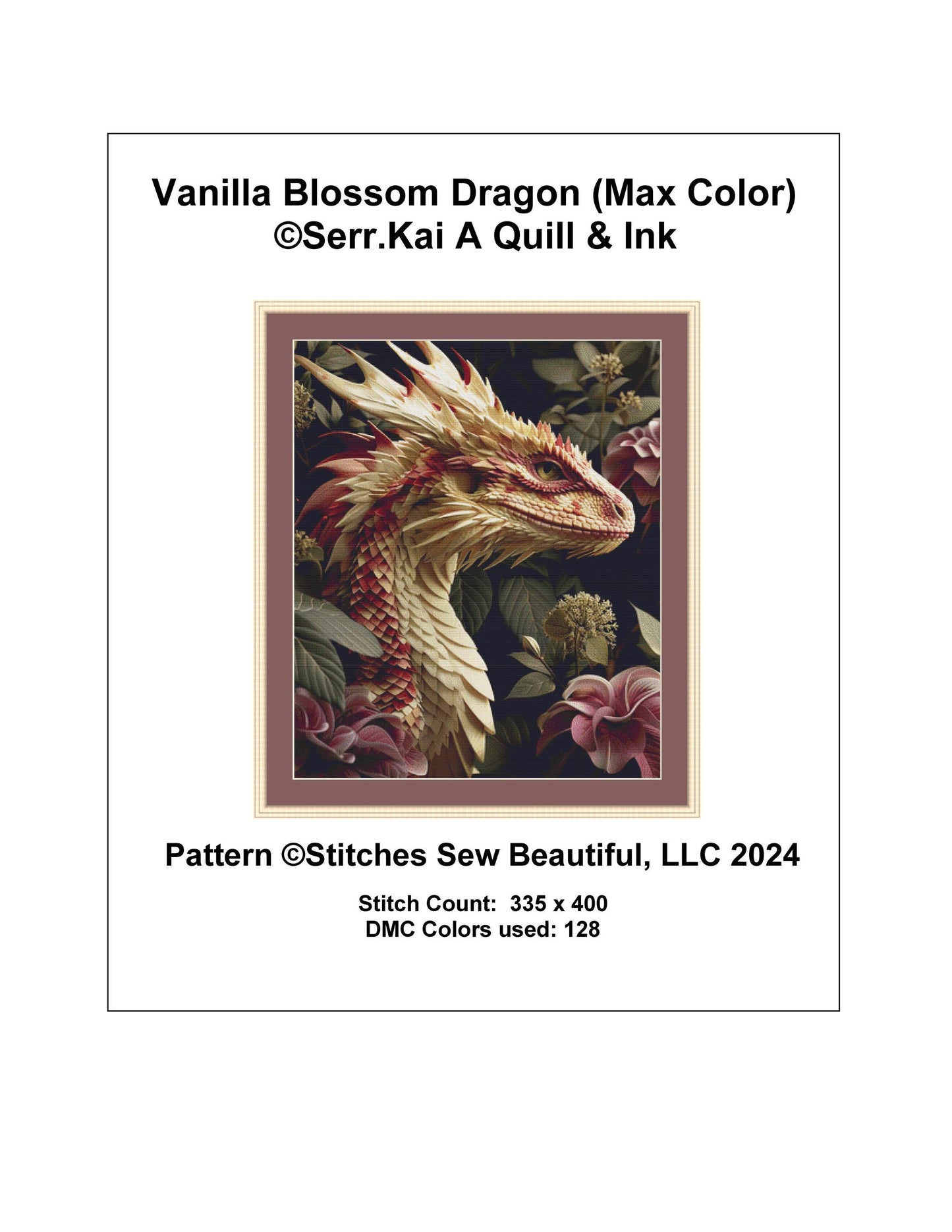 Vanilla Blossom Dragon (Max Color) counted cross stitch pattern by Serr.Kai A Quill & Ink