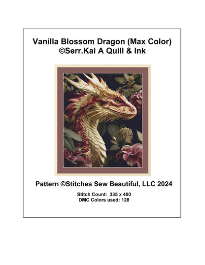 Vanilla Blossom Dragon (Max Color) counted cross stitch pattern by Serr.Kai A Quill & Ink