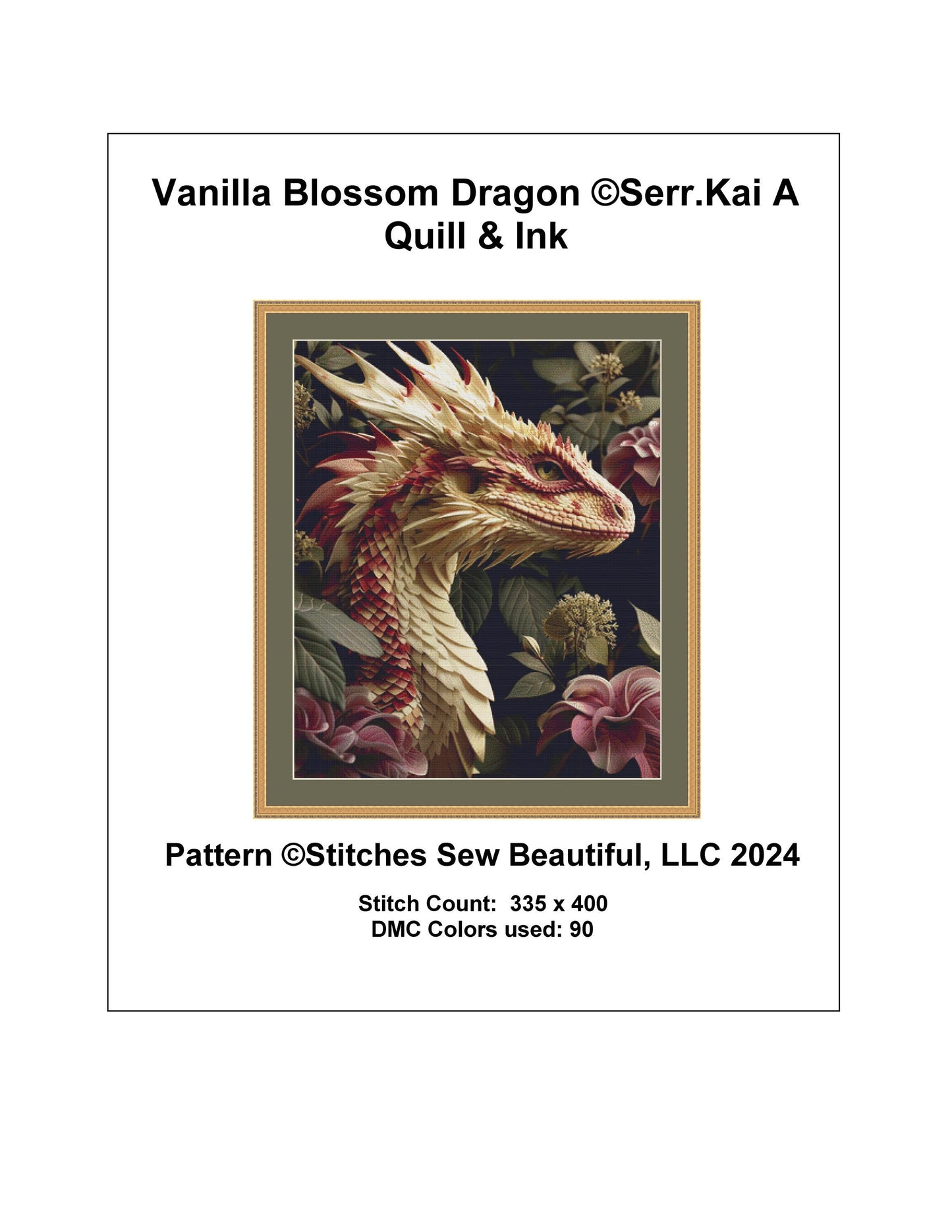 Vanilla Blossom Dragon counted cross stitch pattern by Serr.Kai A Quill & Ink