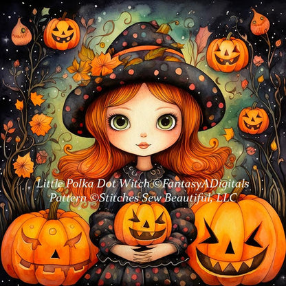 Little Polka Dot Witch full coverage counted cross stitch pattern by FantasyADigitals