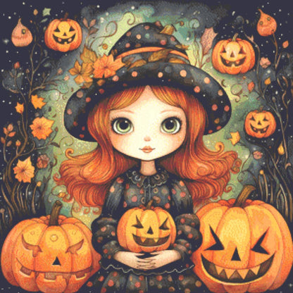 Little Polka Dot Witch full coverage counted cross stitch pattern by FantasyADigitals