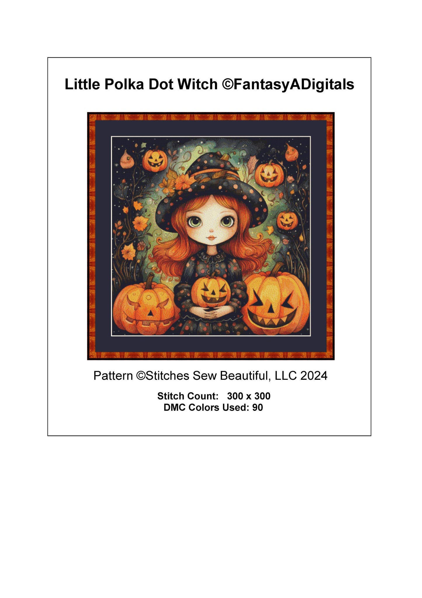 Little Polka Dot Witch full coverage counted cross stitch pattern by FantasyADigitals