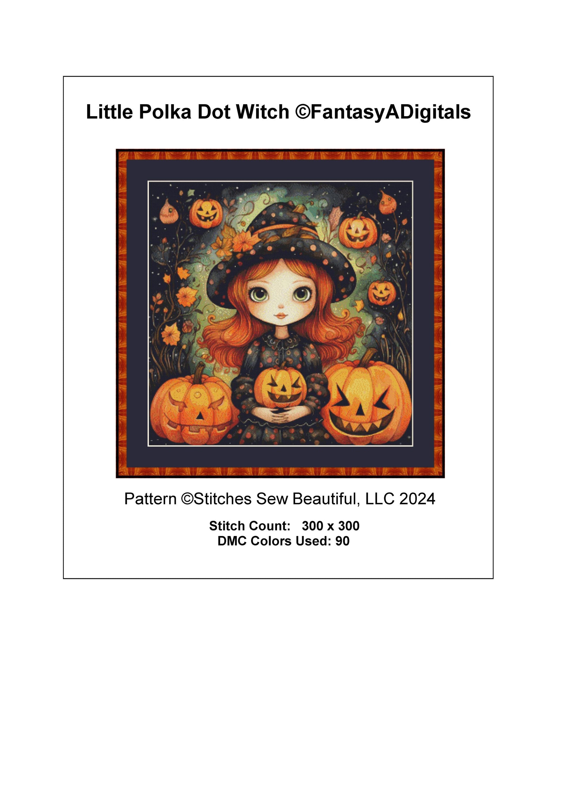 Little Polka Dot Witch full coverage counted cross stitch pattern by FantasyADigitals