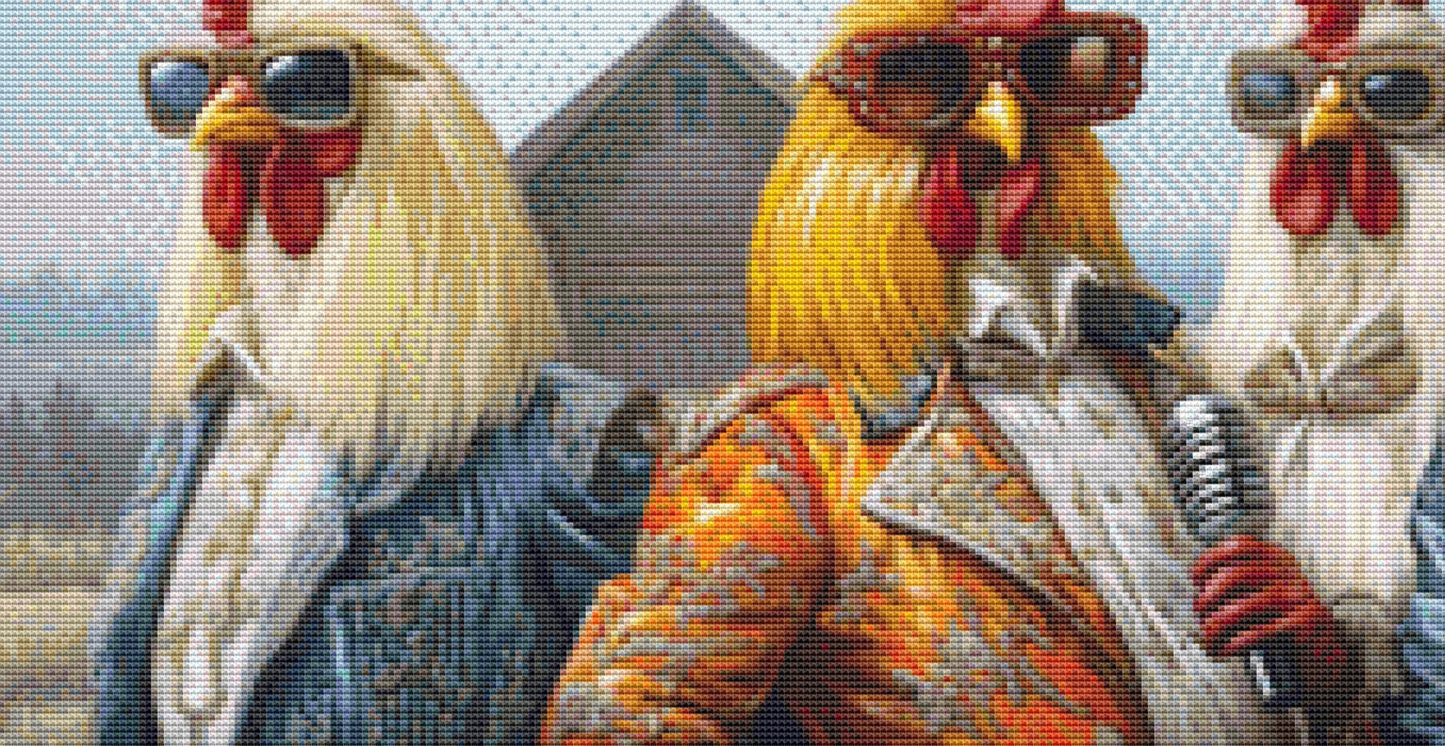Rooster Rockstars cross stitch pattern by The Art Revivalist