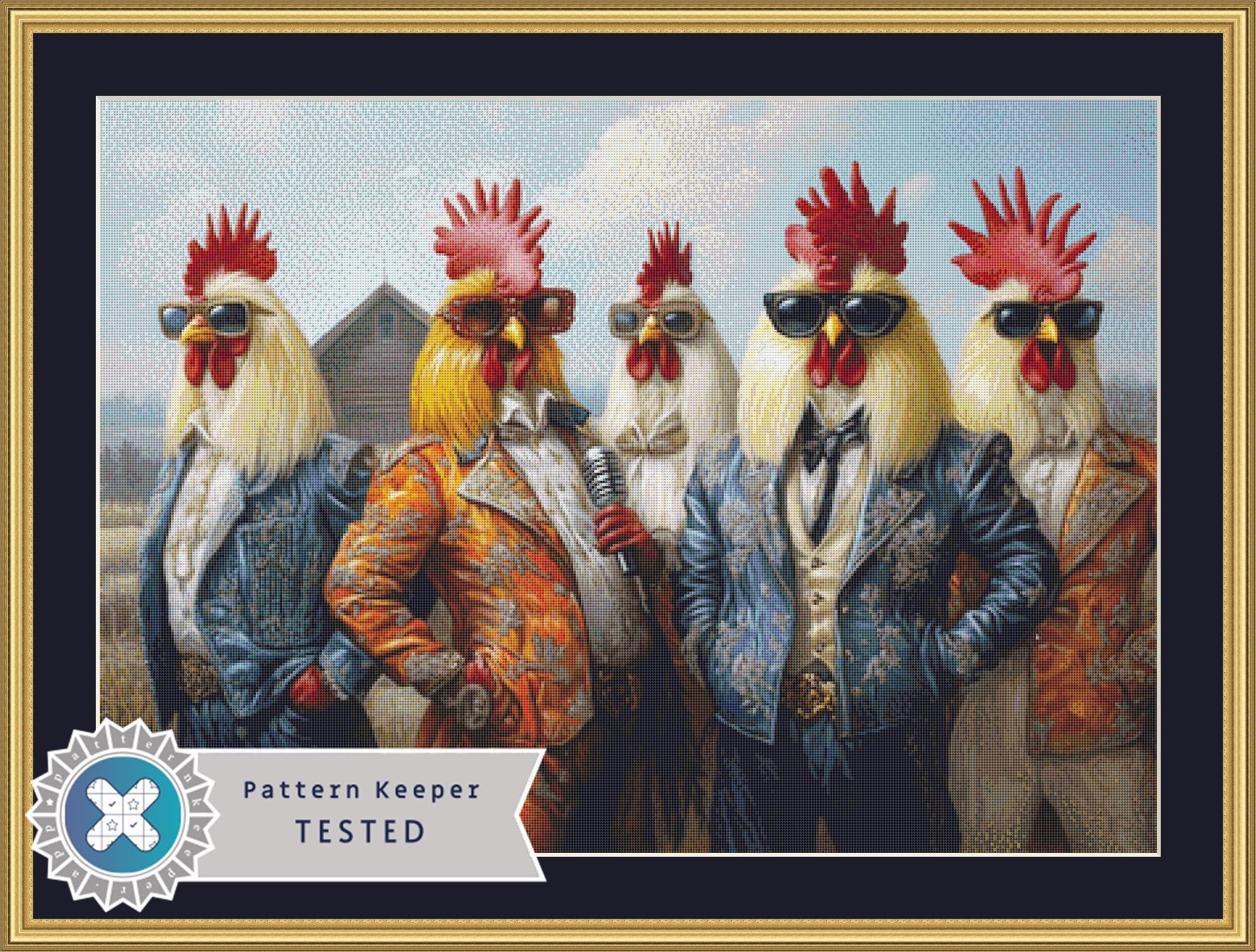 Rooster Rockstars cross stitch pattern by The Art Revivalist