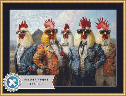 Rooster Rockstars cross stitch pattern by The Art Revivalist