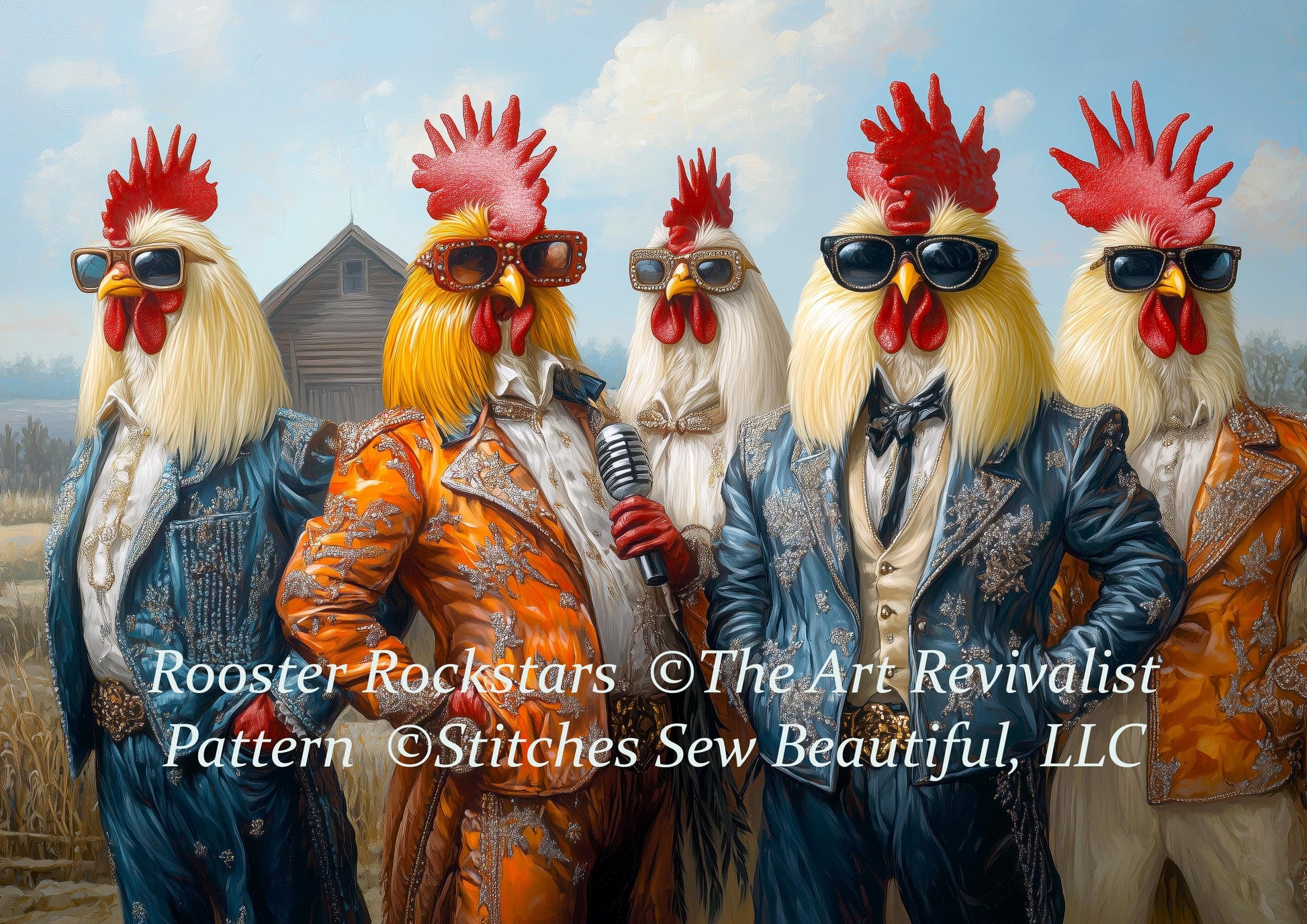 Rooster Rockstars cross stitch pattern by The Art Revivalist