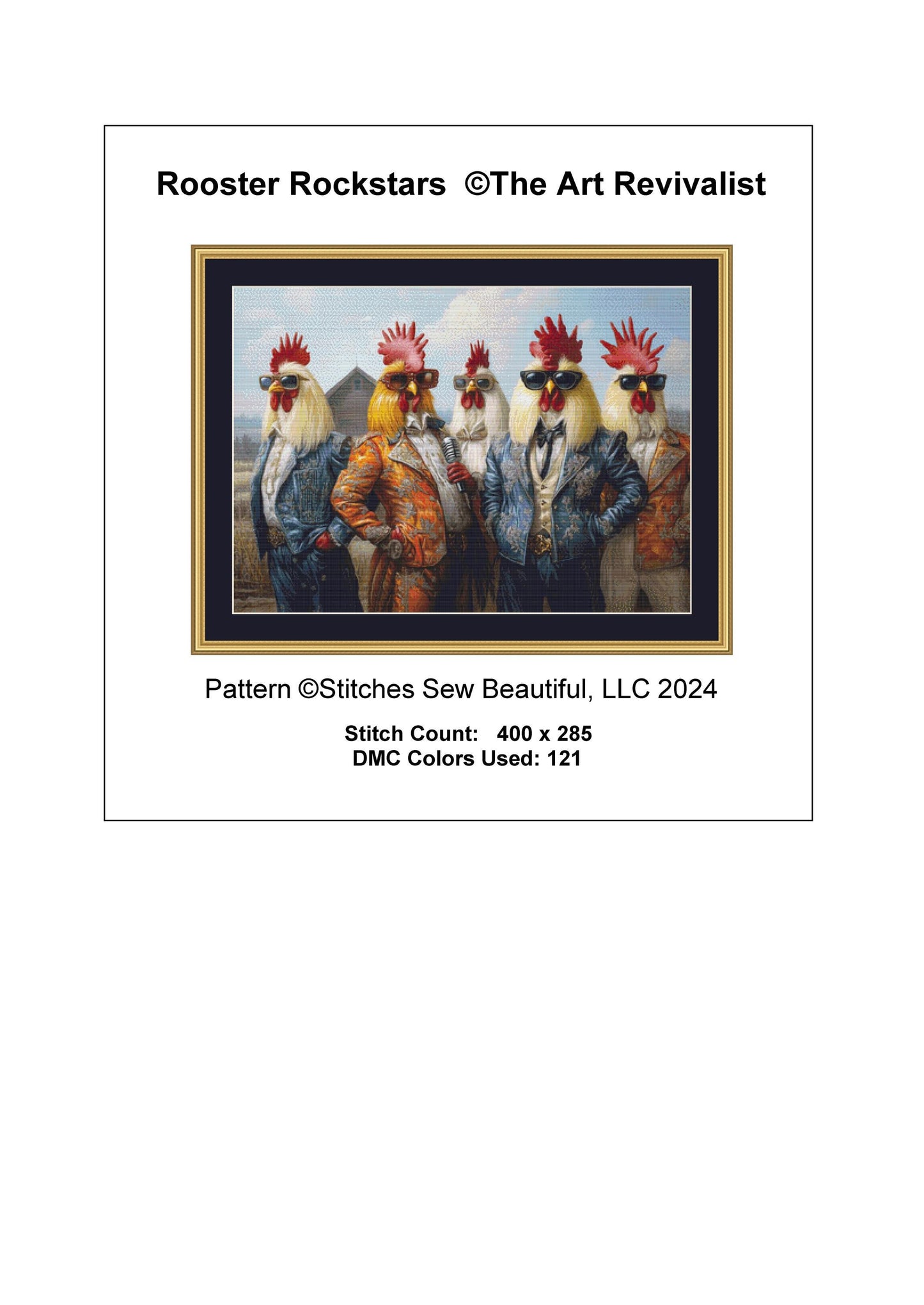 Rooster Rockstars cross stitch pattern by The Art Revivalist