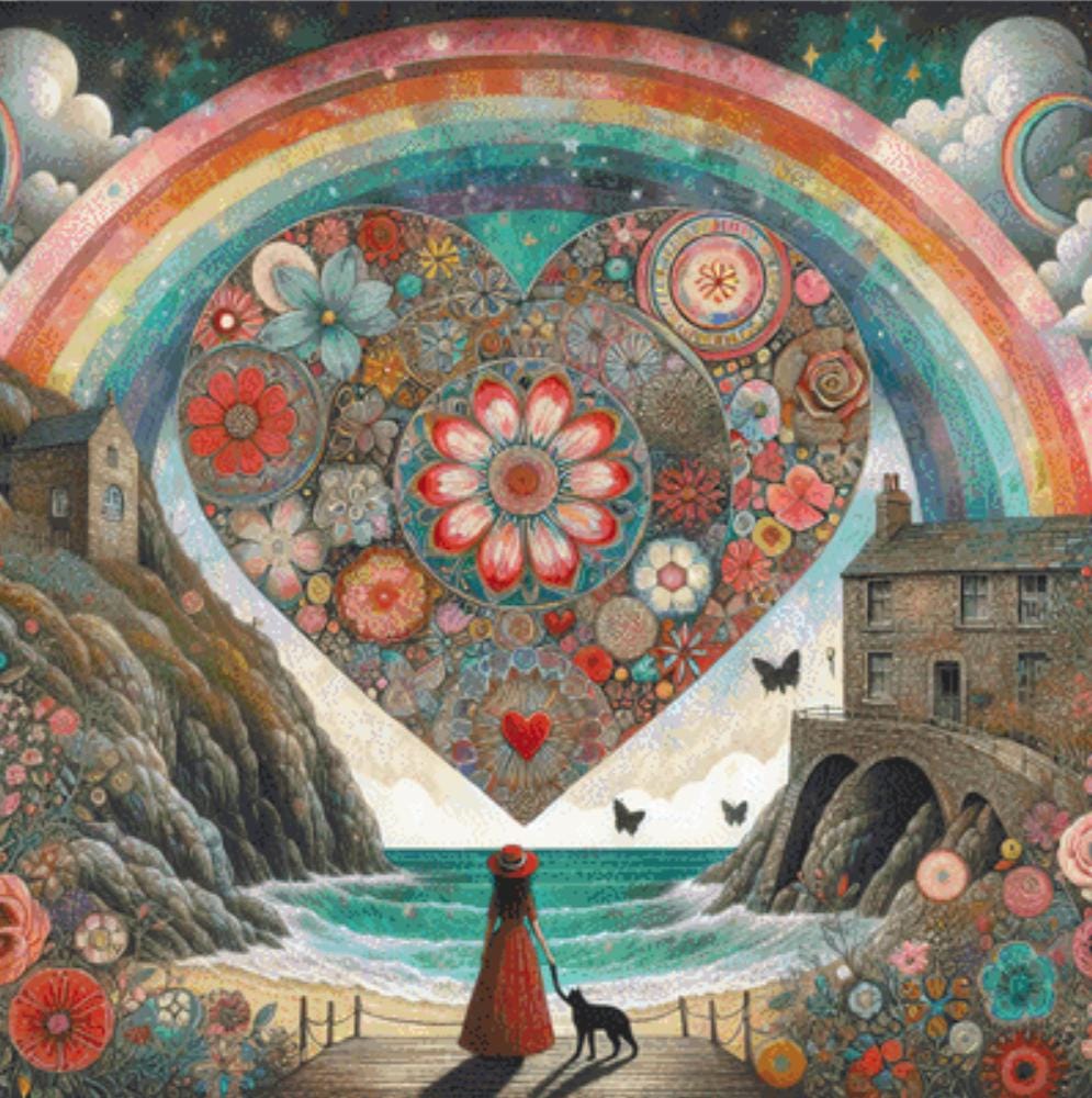 Rainbow & Starshine Over a Bohemian Floral Heart cross stitch pattern by World of Love Hearts