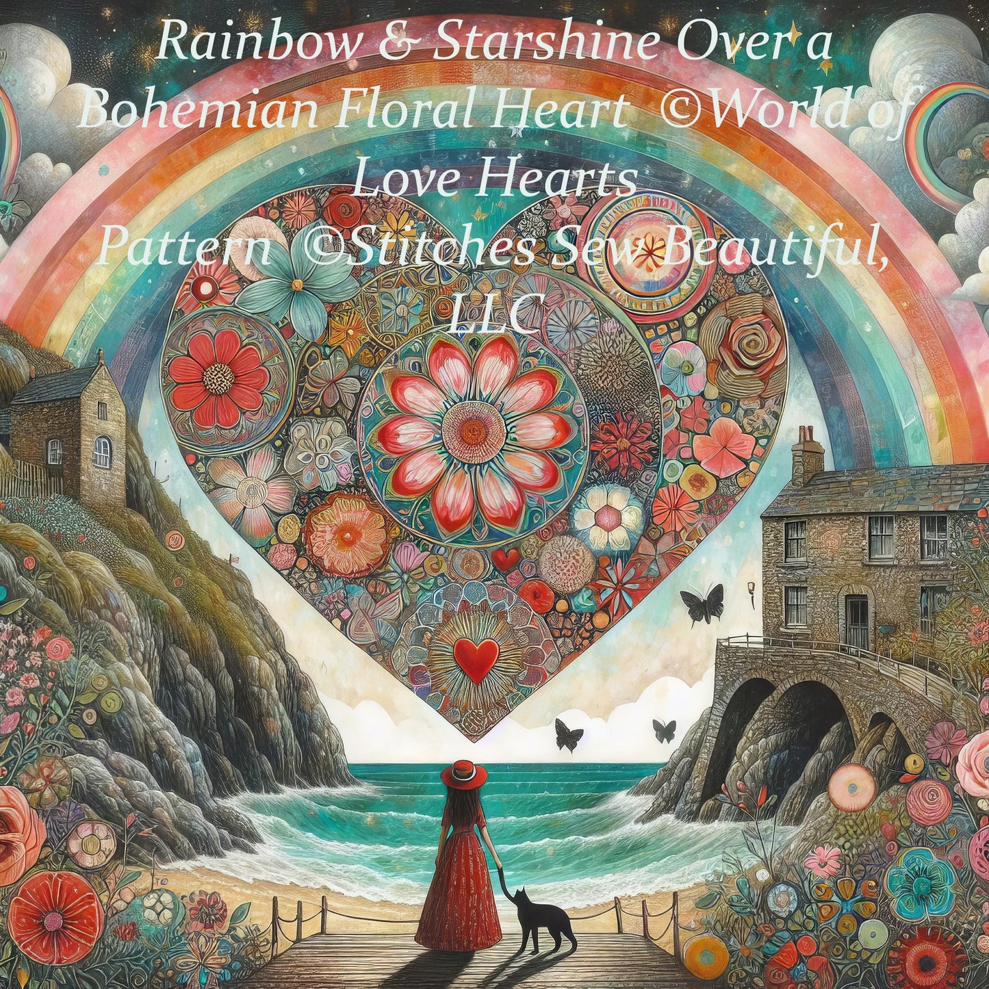 Rainbow & Starshine Over a Bohemian Floral Heart cross stitch pattern by World of Love Hearts