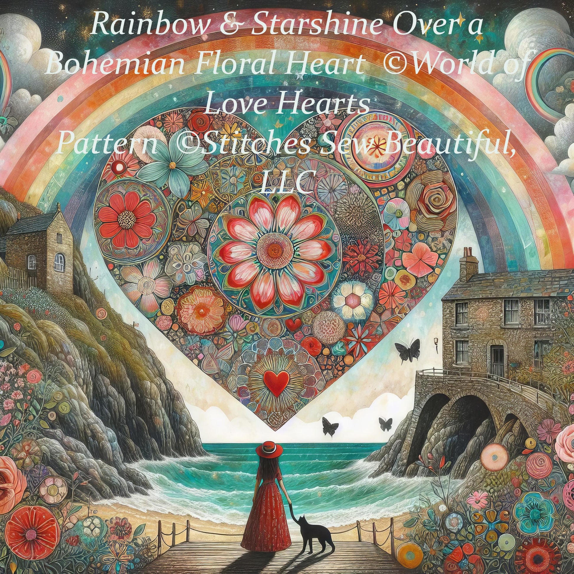 Rainbow & Starshine Over a Bohemian Floral Heart cross stitch pattern by World of Love Hearts
