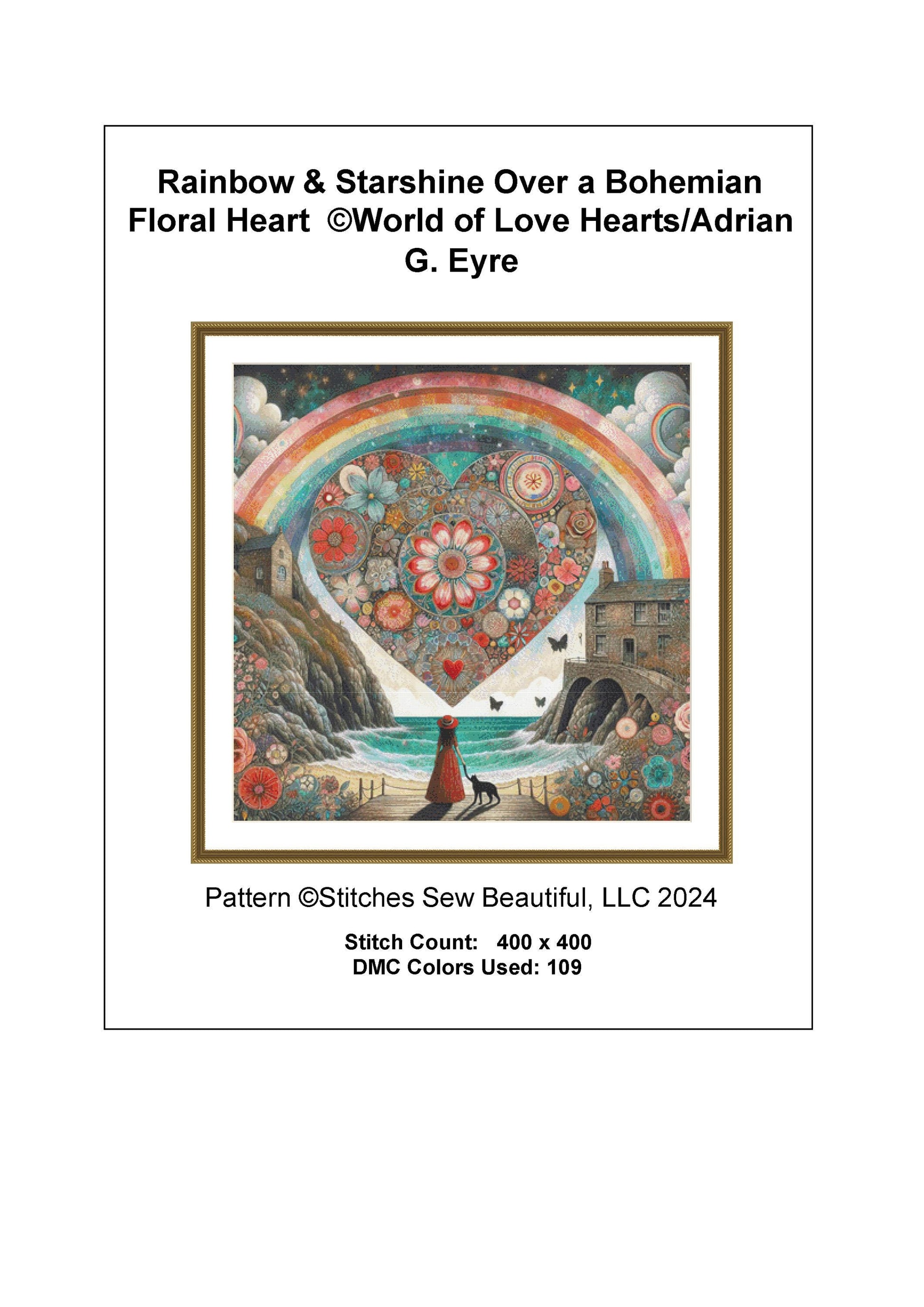 Rainbow & Starshine Over a Bohemian Floral Heart cross stitch pattern by World of Love Hearts