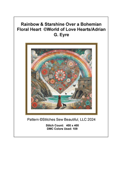 Rainbow & Starshine Over a Bohemian Floral Heart cross stitch pattern by World of Love Hearts