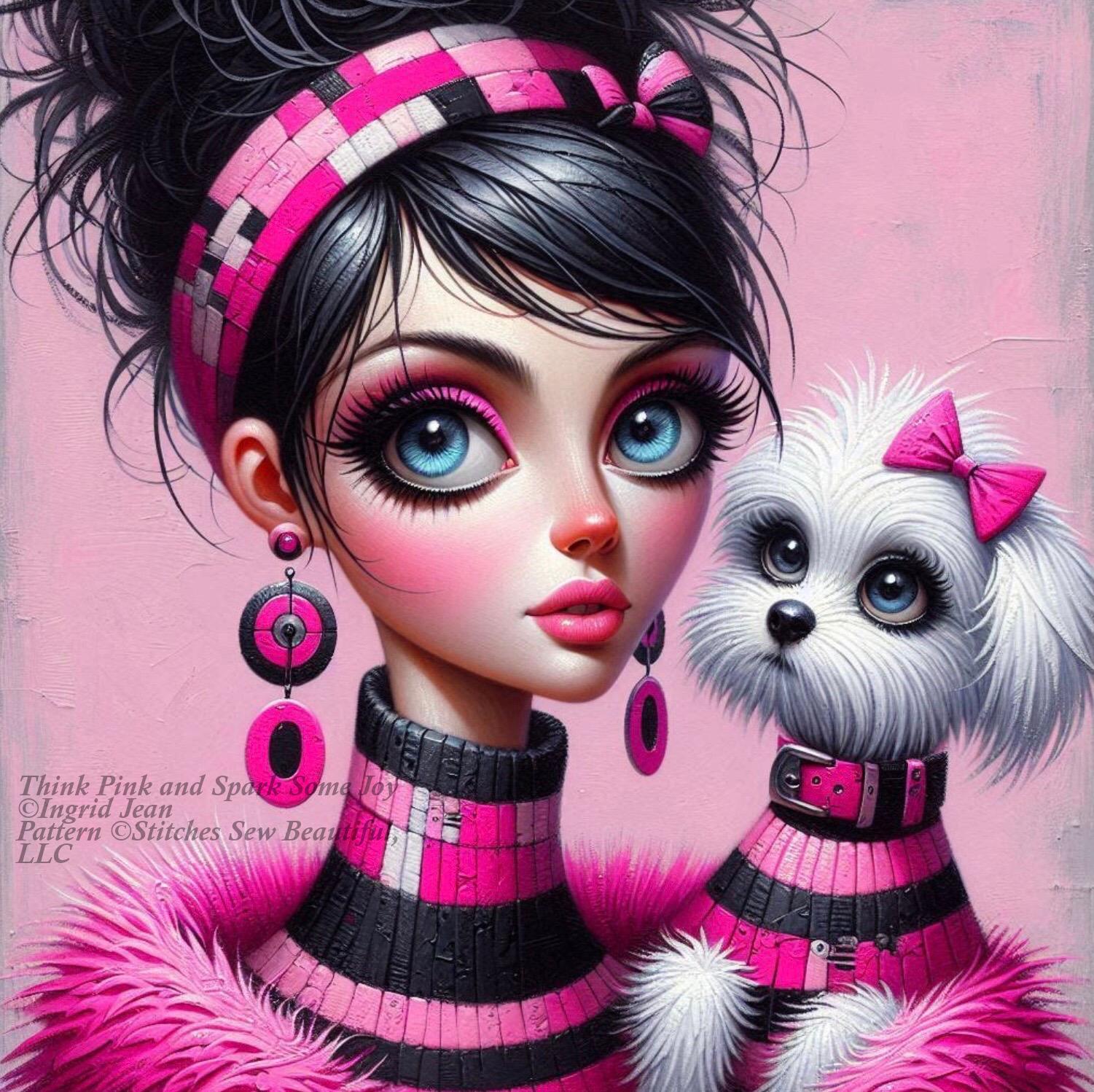 Think Pink and Spark Some Joy counted cross stitch pattern by Ingrid Jean AI Art