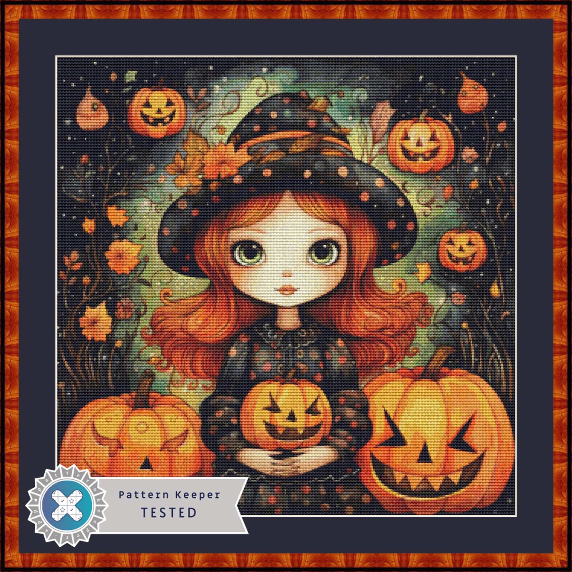 Little Polka Dot Witch full coverage counted cross stitch pattern by FantasyADigitals