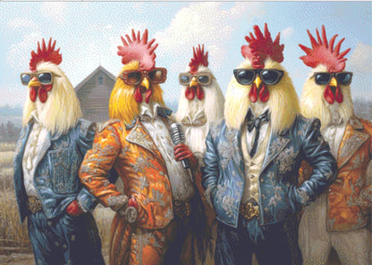 Rooster Rockstars cross stitch pattern by The Art Revivalist
