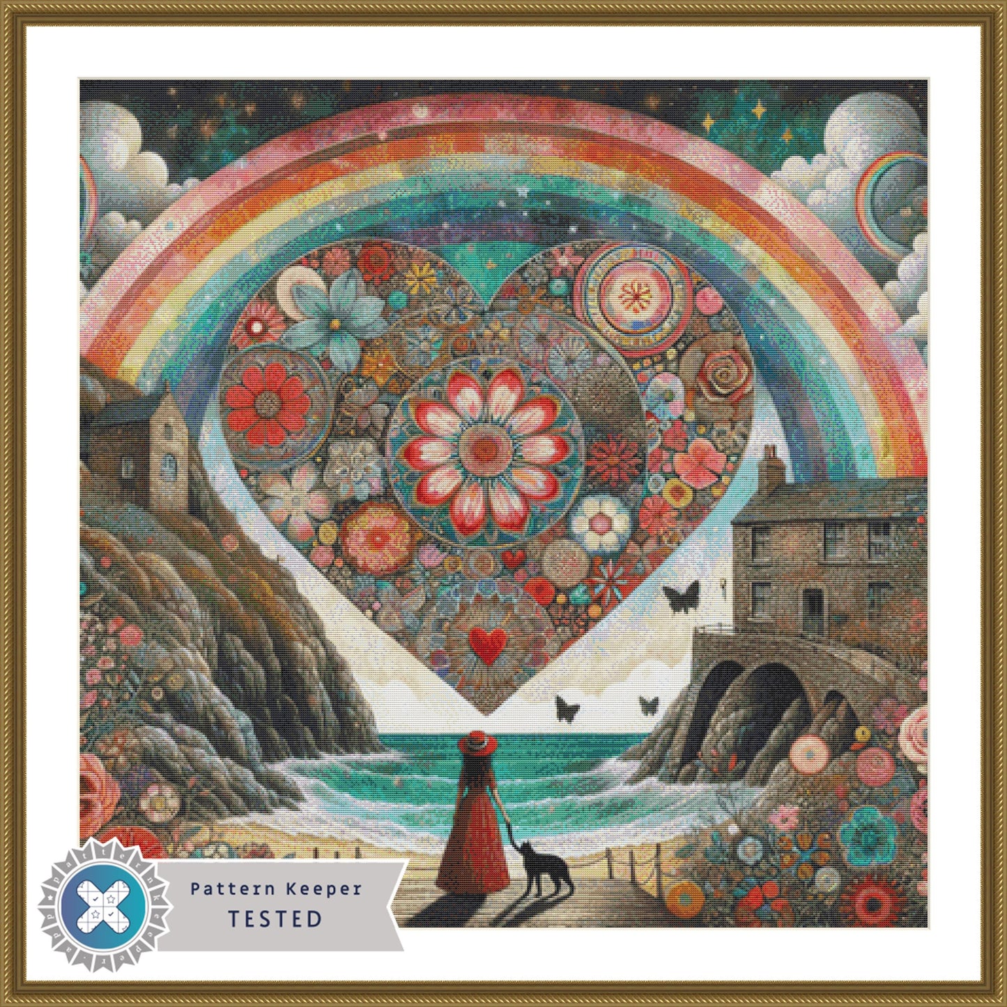 Rainbow & Starshine Over a Bohemian Floral Heart cross stitch pattern by World of Love Hearts