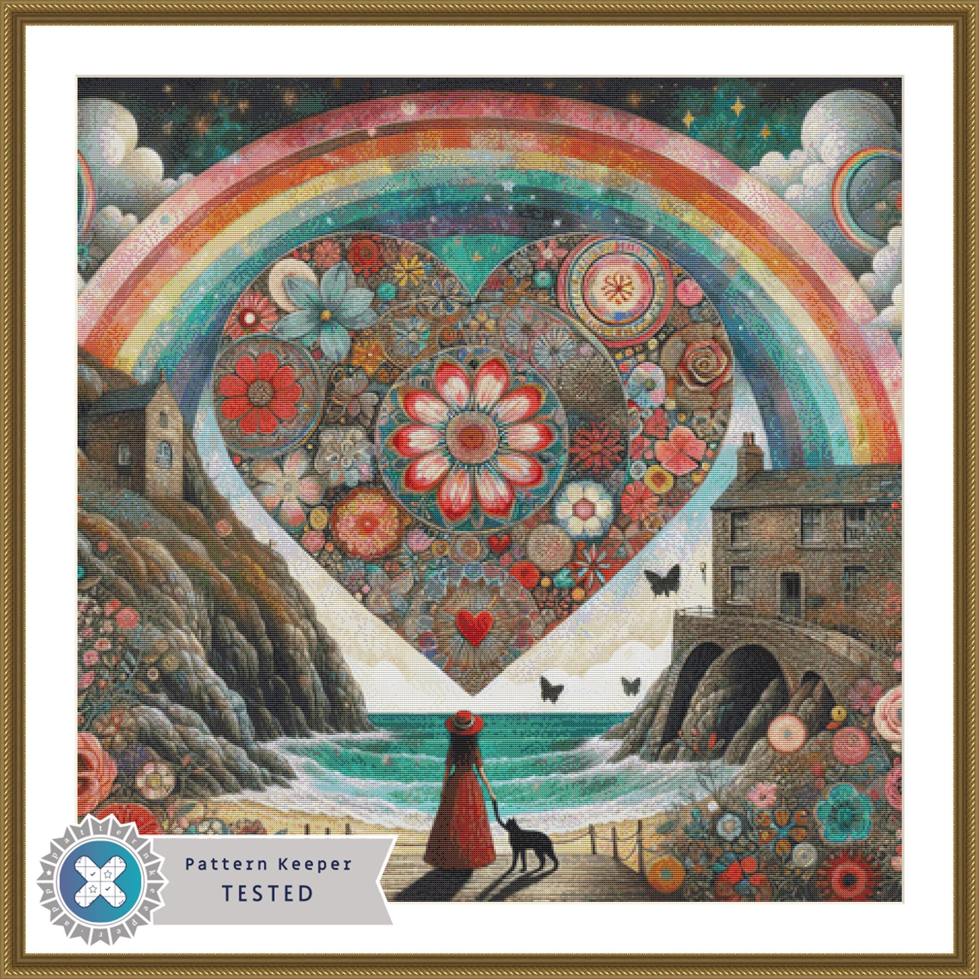 Rainbow & Starshine Over a Bohemian Floral Heart cross stitch pattern by World of Love Hearts