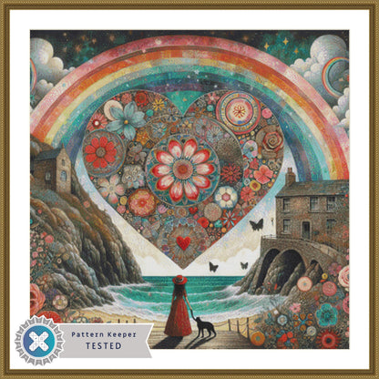 Rainbow & Starshine Over a Bohemian Floral Heart cross stitch pattern by World of Love Hearts