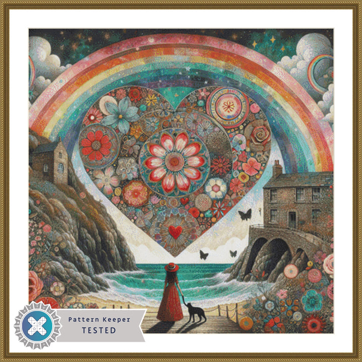 Rainbow & Starshine Over a Bohemian Floral Heart cross stitch pattern by World of Love Hearts
