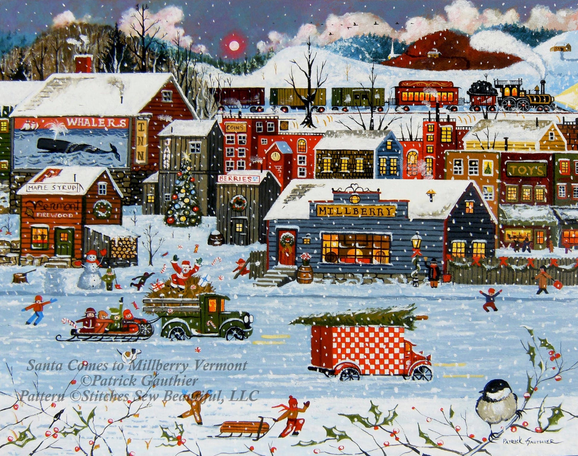 Santa Comes to Millberry Vermont counted cross stitch pattern by Patrick Gauthier