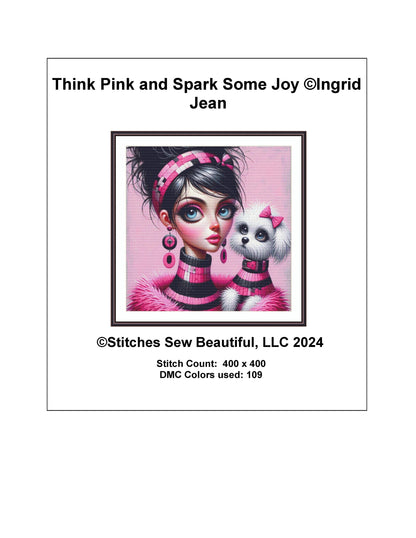 Think Pink and Spark Some Joy counted cross stitch pattern by Ingrid Jean AI Art