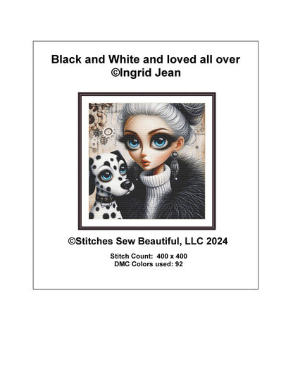 Black and White and loved all over counted cross stitch pattern by Ingrid Jean AI Art