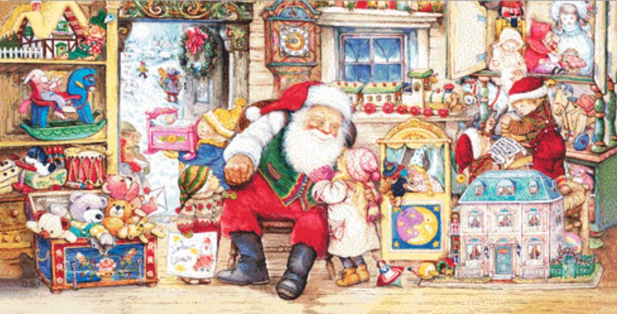 Visiting Santa at His Workshop counted cross stitch pattern by Lisi Martin/AB Pictura, Karlstad, Sweden