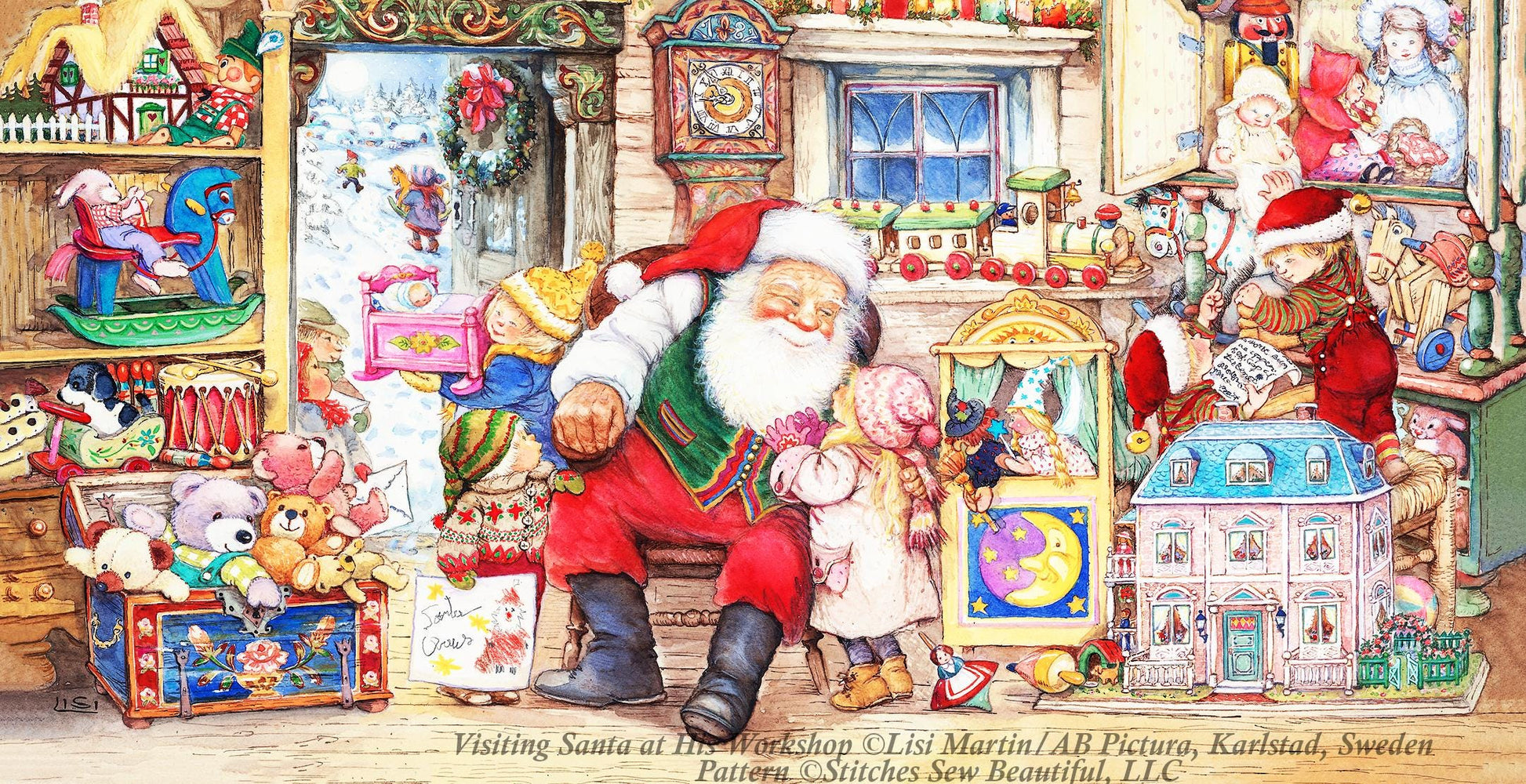 Visiting Santa at His Workshop counted cross stitch pattern by Lisi Martin/AB Pictura, Karlstad, Sweden