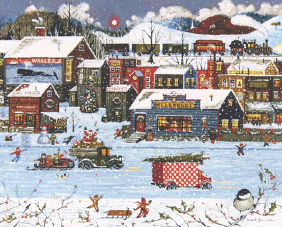 Santa Comes to Millberry Vermont counted cross stitch pattern by Patrick Gauthier