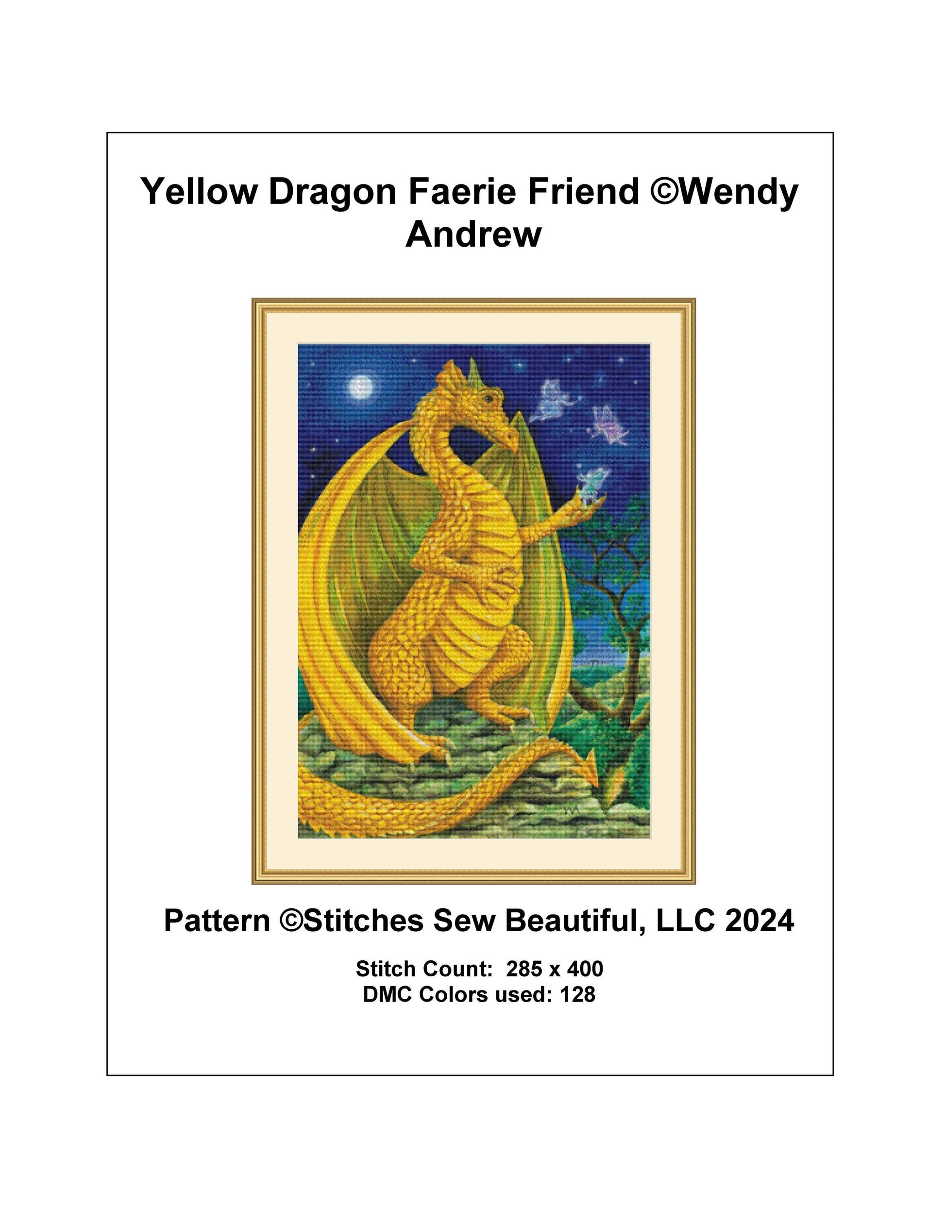 Yellow Dragon Faerie Friend cross stitch pattern by Wendy Andrew of PaintingDreams