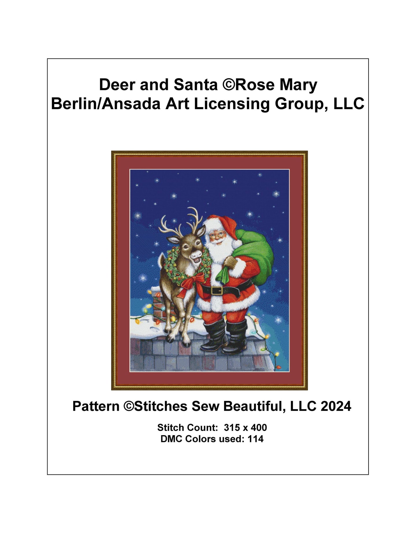 Deer and Santa cross stitch pattern by Rose Mary Berlin/Ansada Art Licensing Group, LLC