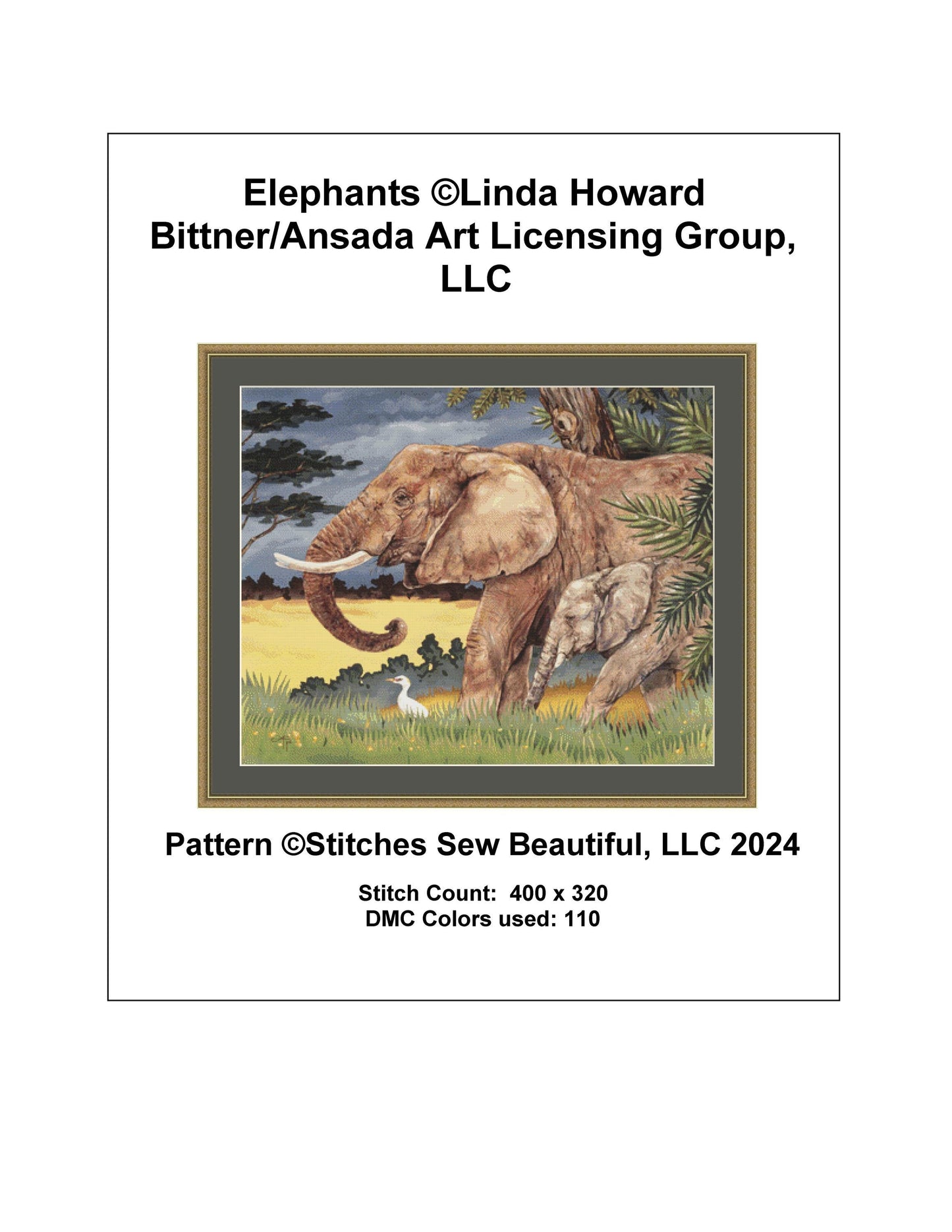 Elephants cross stitch pattern by Linda Howard Bittner/Ansada Art Licensing Group, LLC.