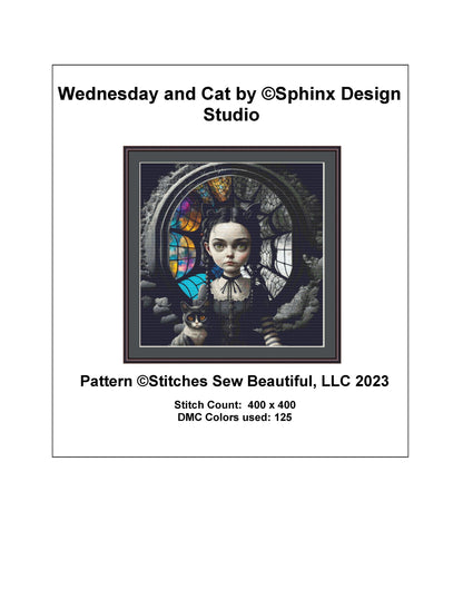 Wednesday And Cat cross stitch pattern by SphinxDesignStudio