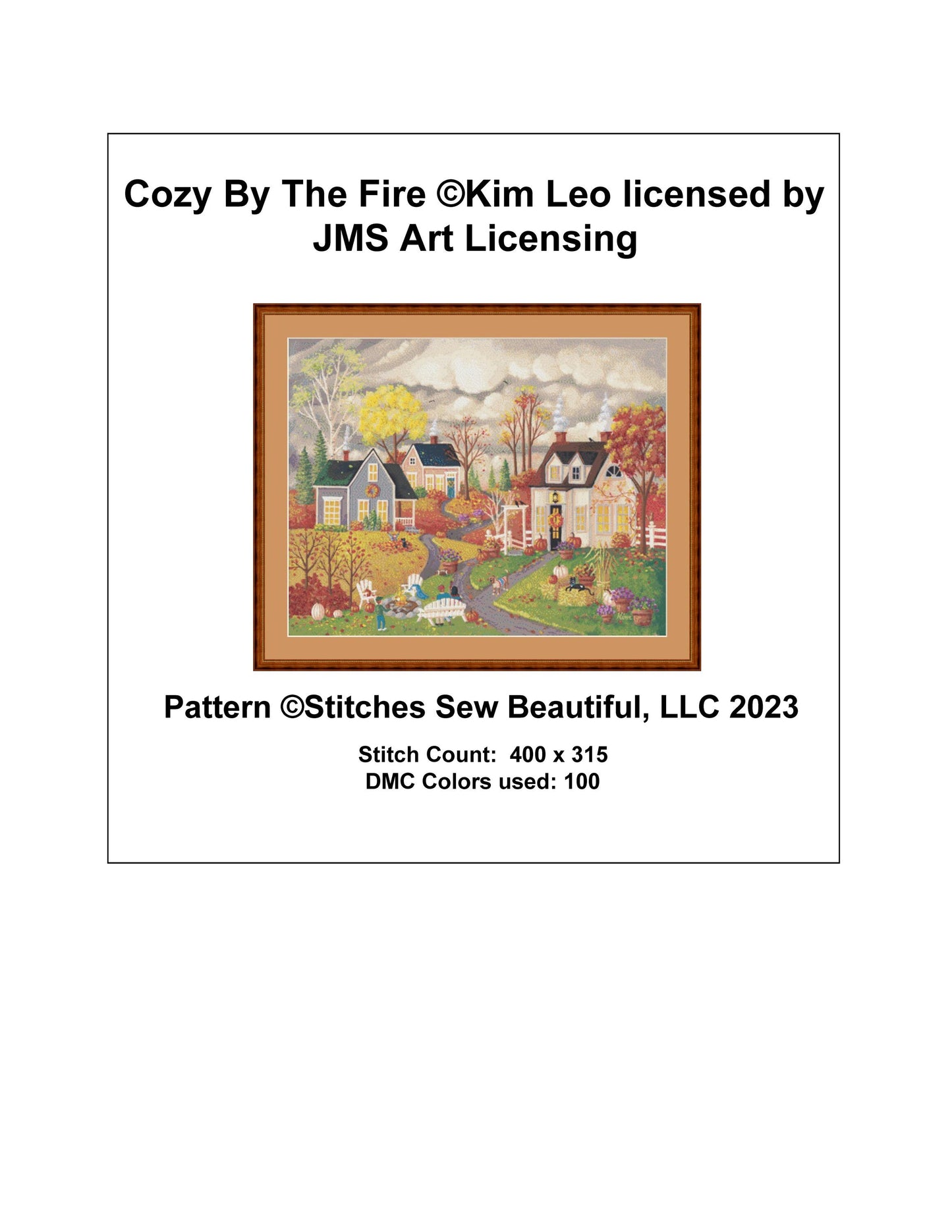 Cozy By The Fire cross stitch pattern by Kim Leo licensed by JMS Art Licensing