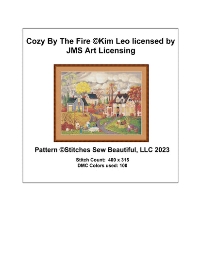 Cozy By The Fire cross stitch pattern by Kim Leo licensed by JMS Art Licensing