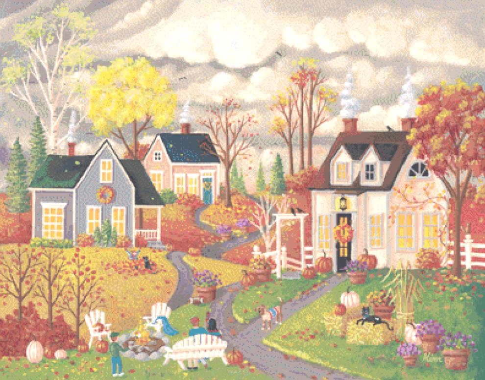 Cozy By The Fire cross stitch pattern by Kim Leo licensed by JMS Art Licensing