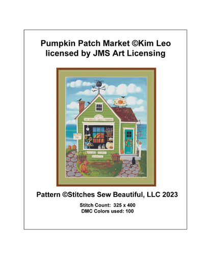 Pumpkin Patch Market cross stitch pattern by Kim Leo licensed by JMS Art Licensing