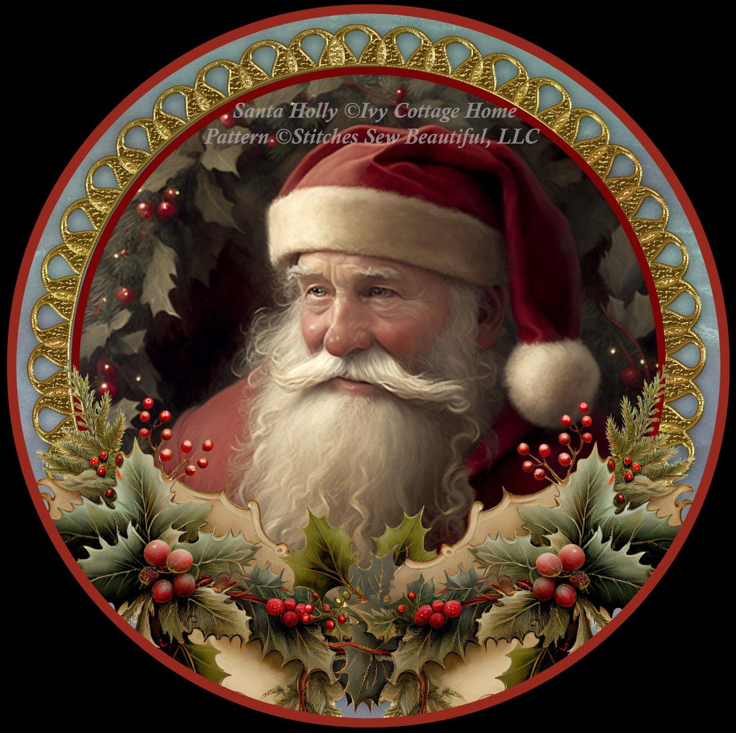 Santa Holly (round) counted cross stitch pattern by IvyCottageHome