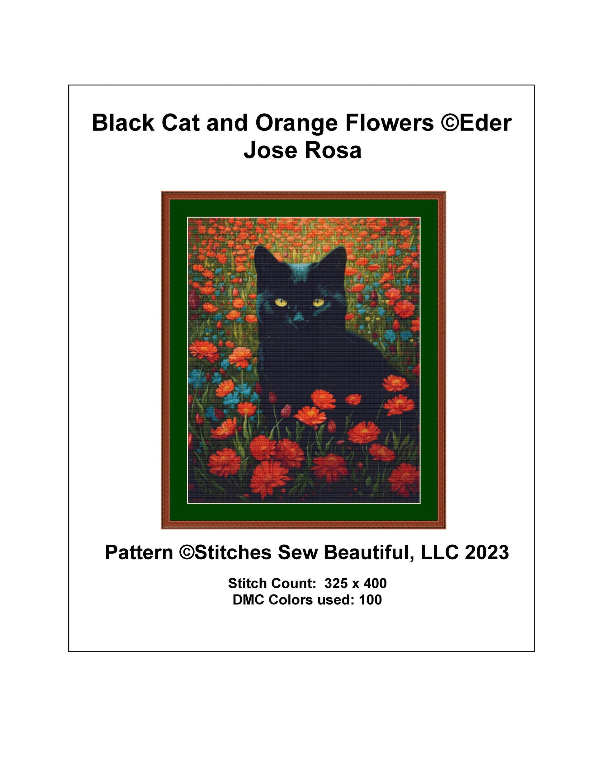 Black Cat and Orange Flowers cross stitch pattern by Eder Jose Rosa