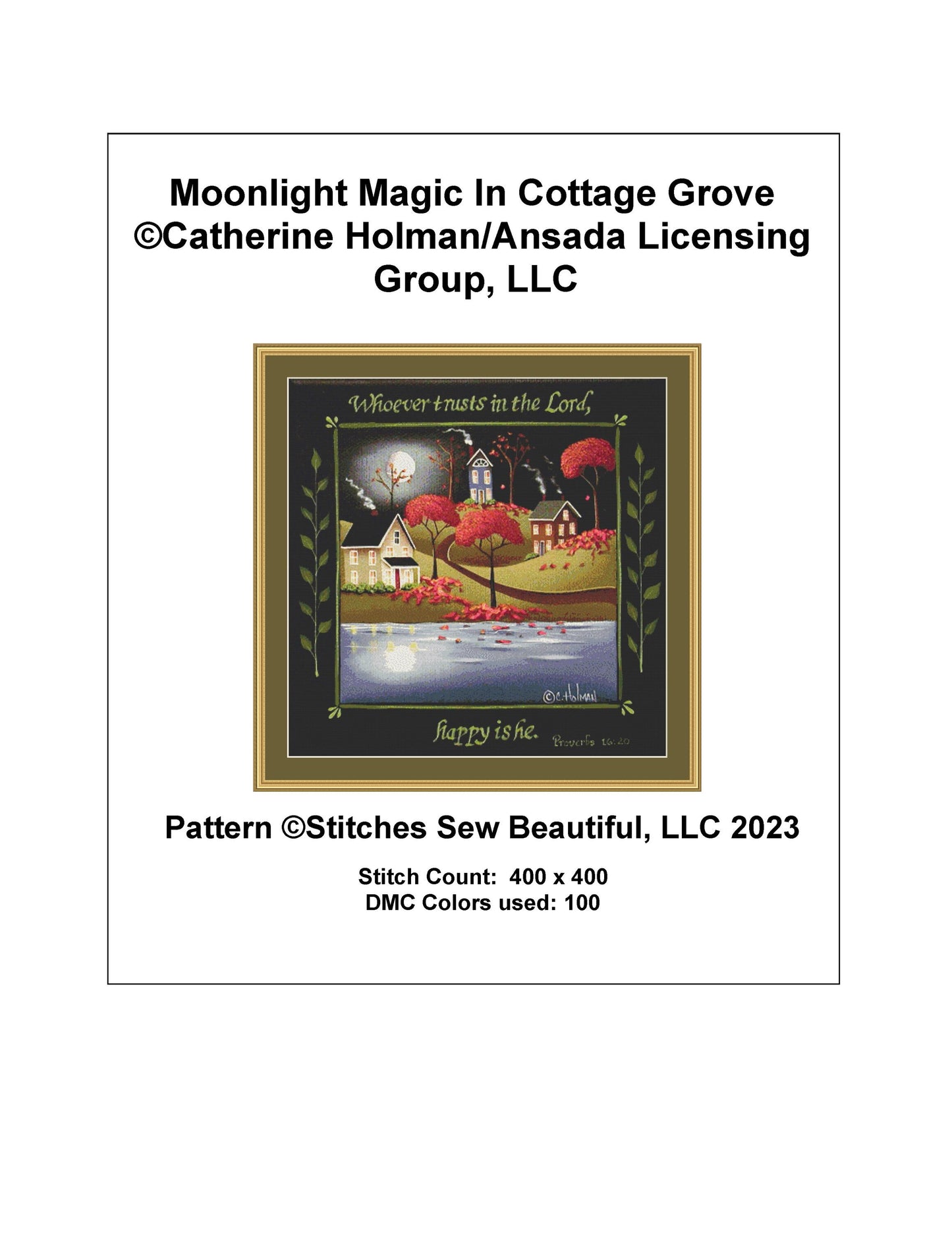 Moonlight in Cottage Grove cross stitch pattern by Catherine Holman/Ansada Art Licensing Group, LLC.