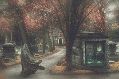 Woman Walking in Greenwood Cemetery cross stitch pattern by Tammy L. Gross
