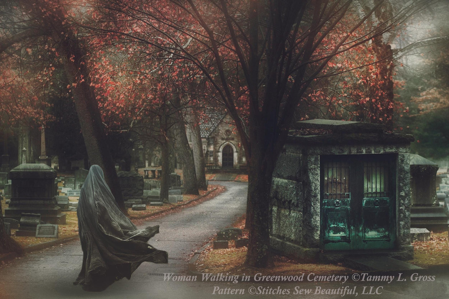 Woman Walking in Greenwood Cemetery cross stitch pattern by Tammy L. Gross