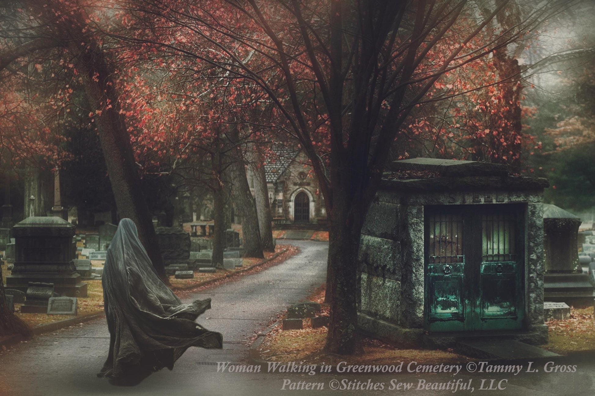 Woman Walking in Greenwood Cemetery cross stitch pattern by Tammy L. Gross