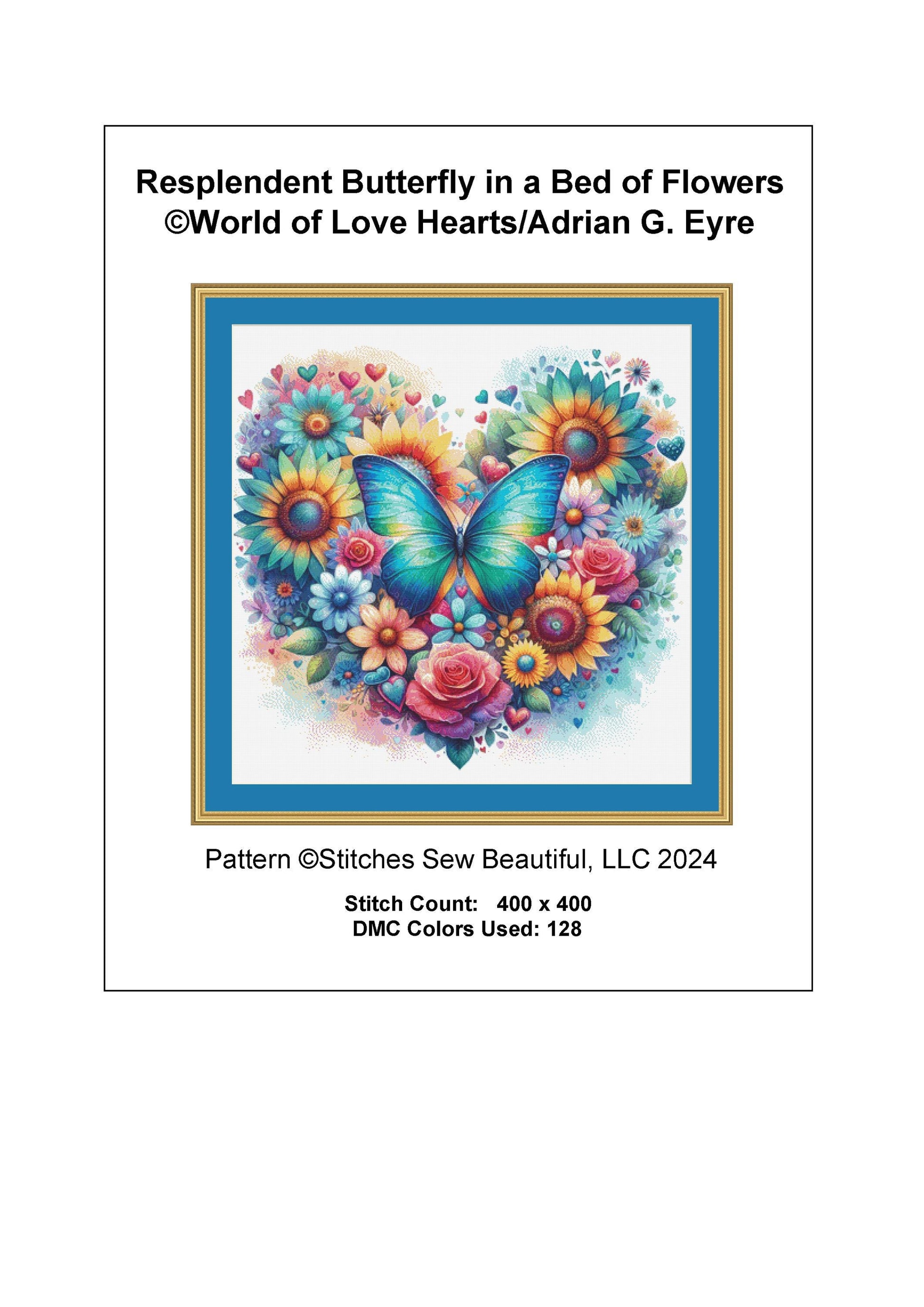 Resplendent Butterfly in a Field of Flowers counted cross stitch pattern by World of Love Hearts/Adrian G. Eyre