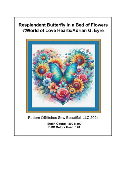 Resplendent Butterfly in a Field of Flowers counted cross stitch pattern by World of Love Hearts/Adrian G. Eyre