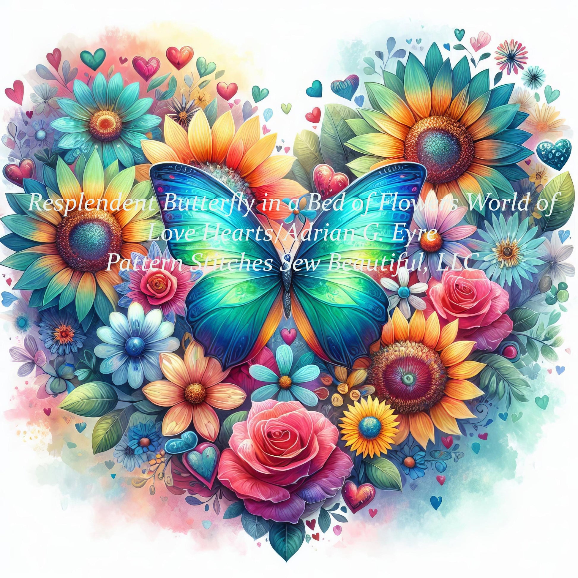 Resplendent Butterfly in a Field of Flowers counted cross stitch pattern by World of Love Hearts/Adrian G. Eyre