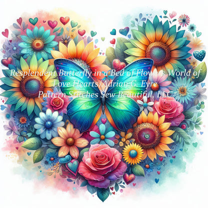 Resplendent Butterfly in a Field of Flowers counted cross stitch pattern by World of Love Hearts/Adrian G. Eyre
