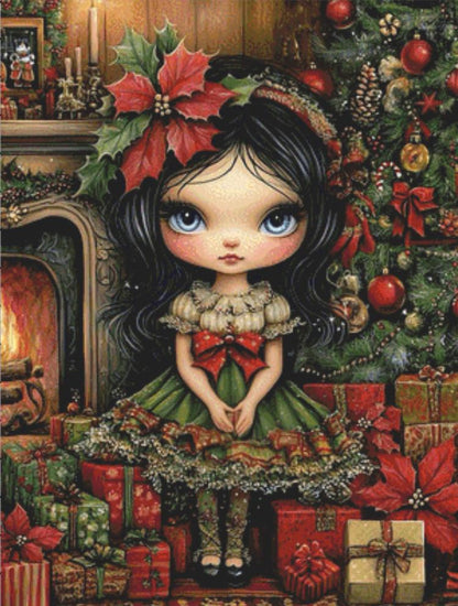 Jolie Petite Fille Poinsettia counted cross stitch pattern by Ingrid Jean AI Art